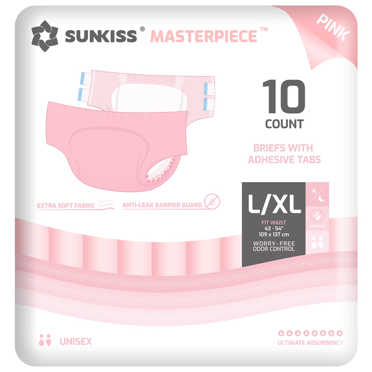 SUNKISS Masterpiece Adult Diapers with Tabs, Unisex Disposable Incontinence Briefs for Women and Men, Odor Control