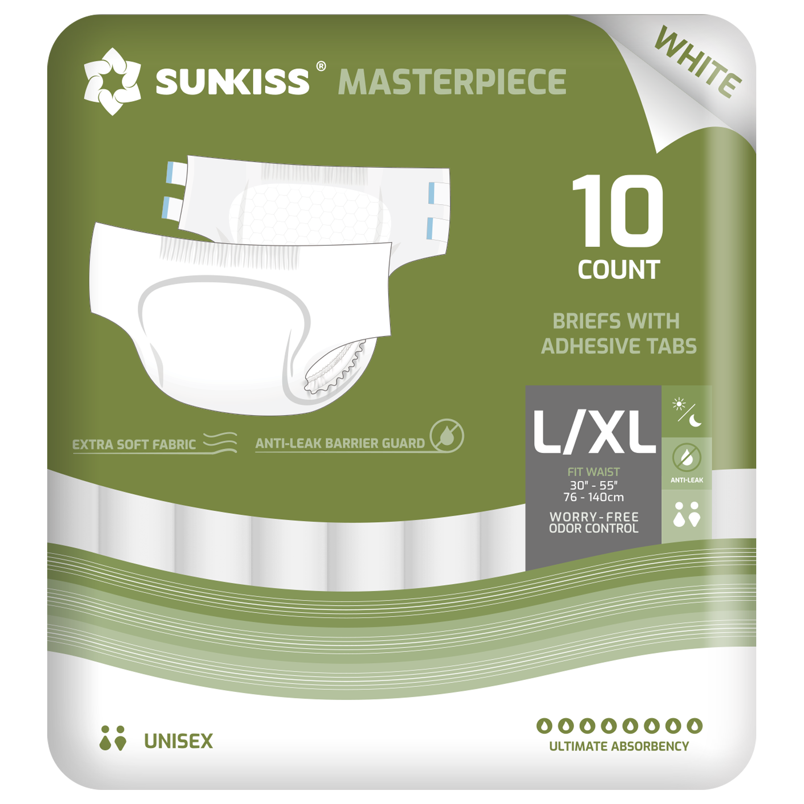 SUNKISS Masterpiece Adult Diapers with Tabs, Unisex Disposable Incontinence Briefs for Women and Men, Odor Control