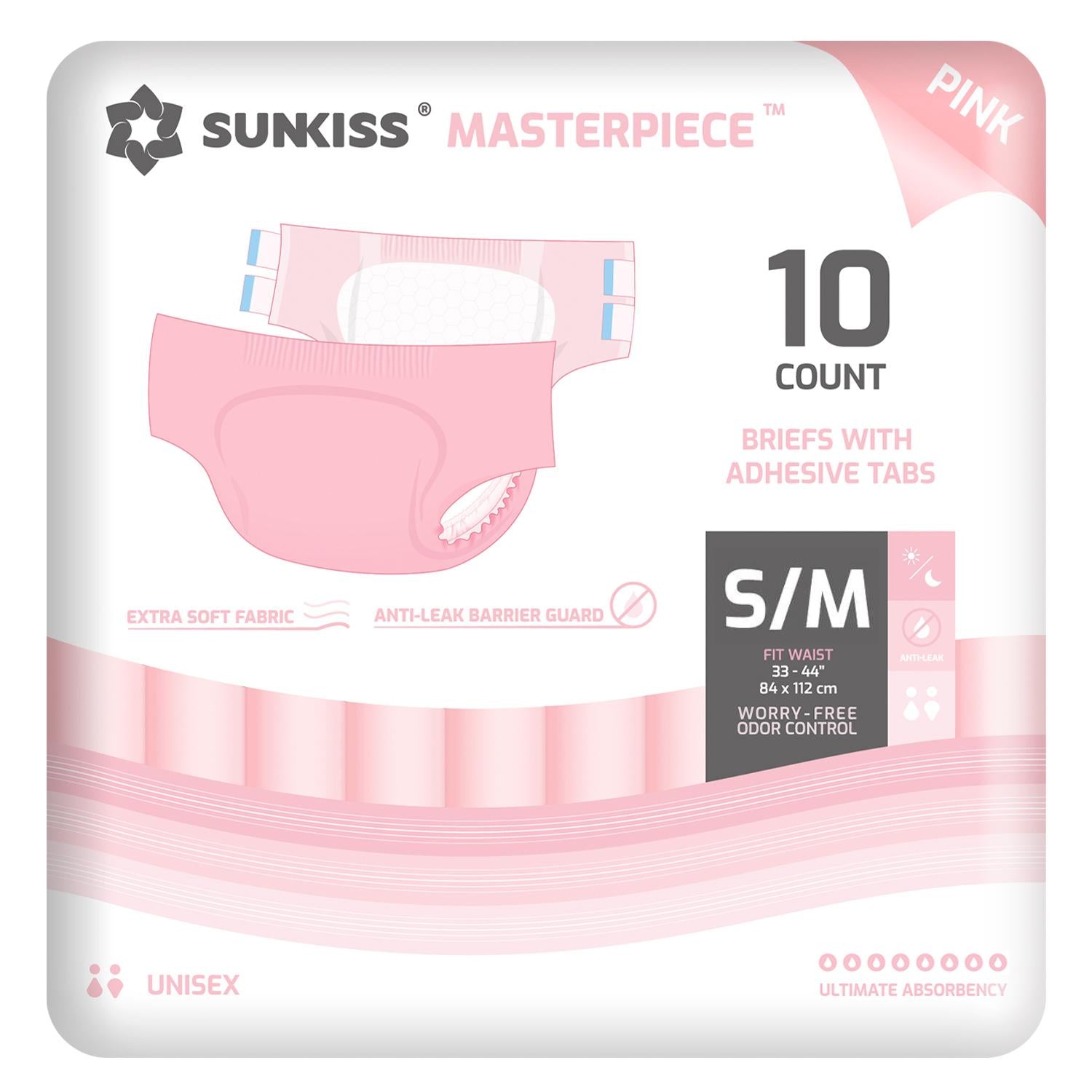 SUNKISS Masterpiece Adult Diapers with Tabs, Unisex Disposable Incontinence Briefs for Women and Men, Odor Control