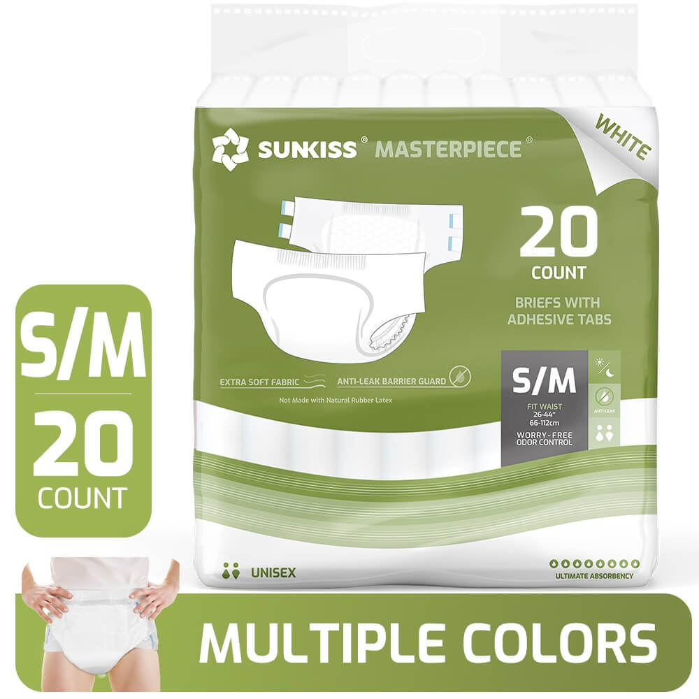 #Size_SM20 Sunkiss Masterpiece adult diapers in white, new S/M design, providing superior absorbency, comfort, and leak protection for daily use.