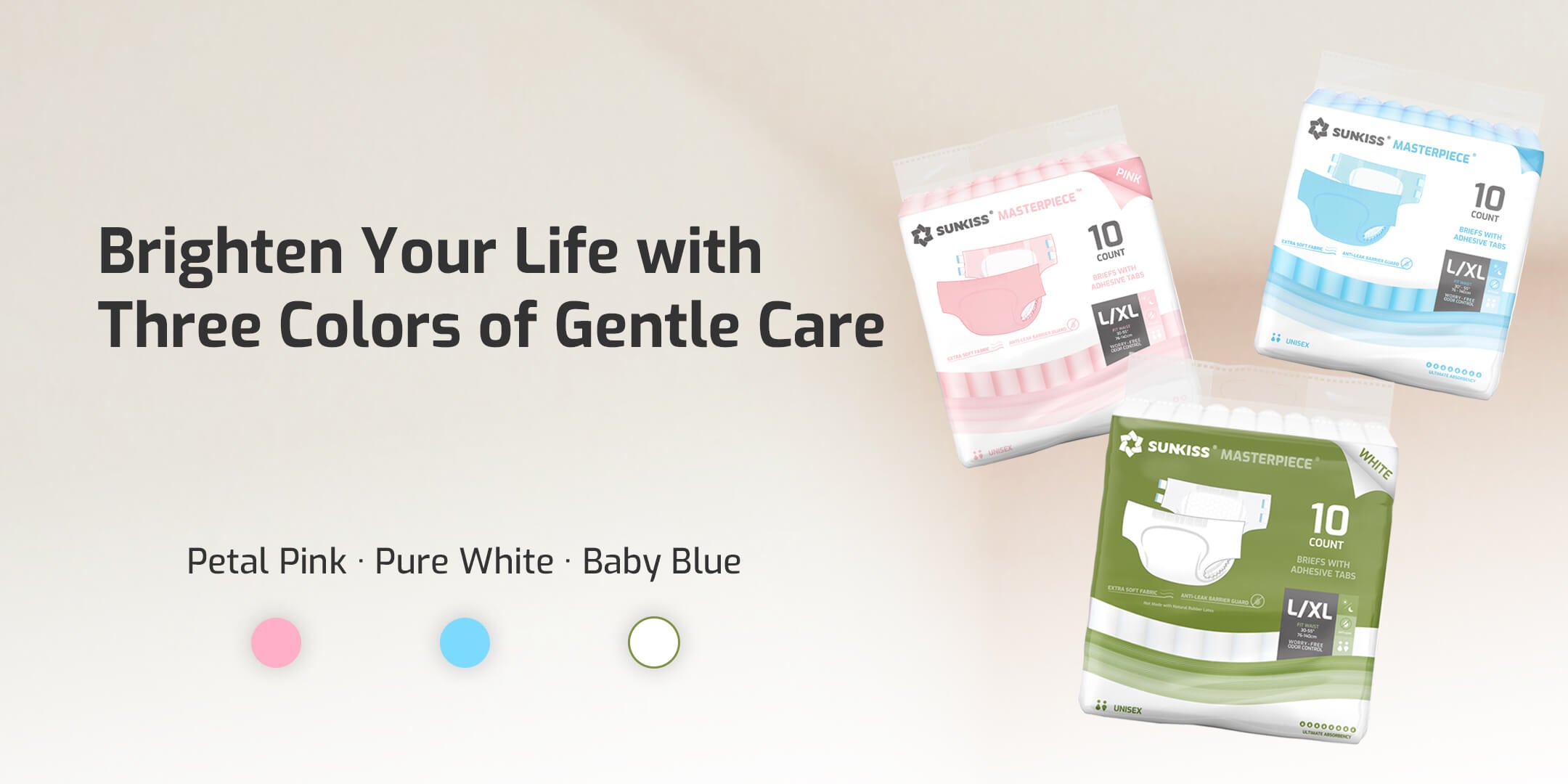 Sunkiss Masterpiece Adult Diapers Colors Show – Display of high absorbency 6000ml adult diapers with adjustable tabs, soft fit, and leak-proof protection.