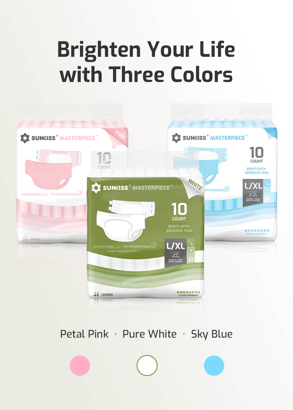 Brighten your life with three colors: Petal Pink, Pure White, and Sky Blue. Choose your favorite for style, comfort, and reliable absorbency.