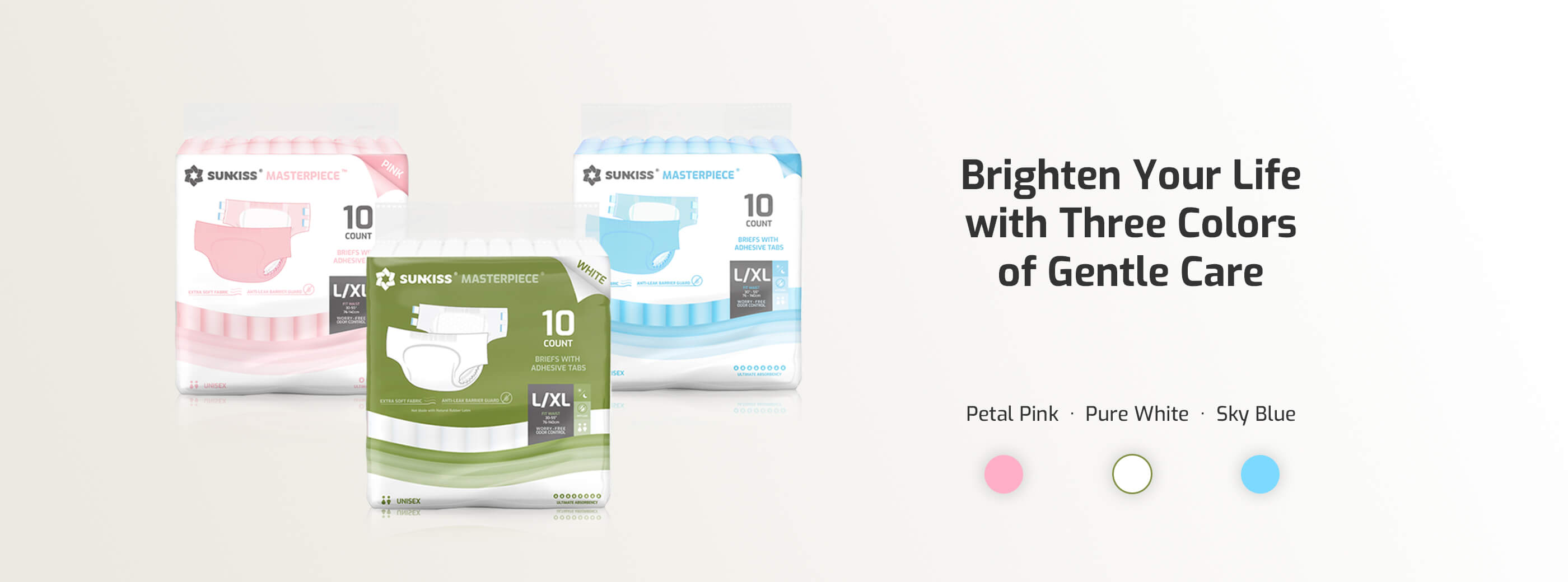 Brighten your life with three colors: Petal Pink, Pure White, and Sky Blue. Choose your favorite for style, comfort, and reliable absorbency.