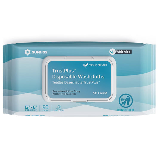 SUNKISS Trustplus Wet Wipes for Adult, Extra Thick 8”x12” Body Cleaning Wipes with Aloe for Elderly Incontinence & Cleansing, 200 Count (4 Packs of 50)