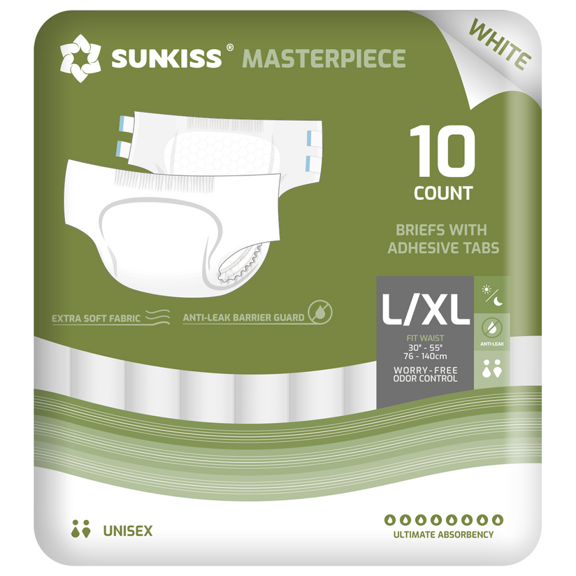 SUNKISS Masterpiece High-Absorbency Adult Diaper Briefs with Tabs Most Comfortable Disposable Incontinence Briefs for Adults, Odor Control