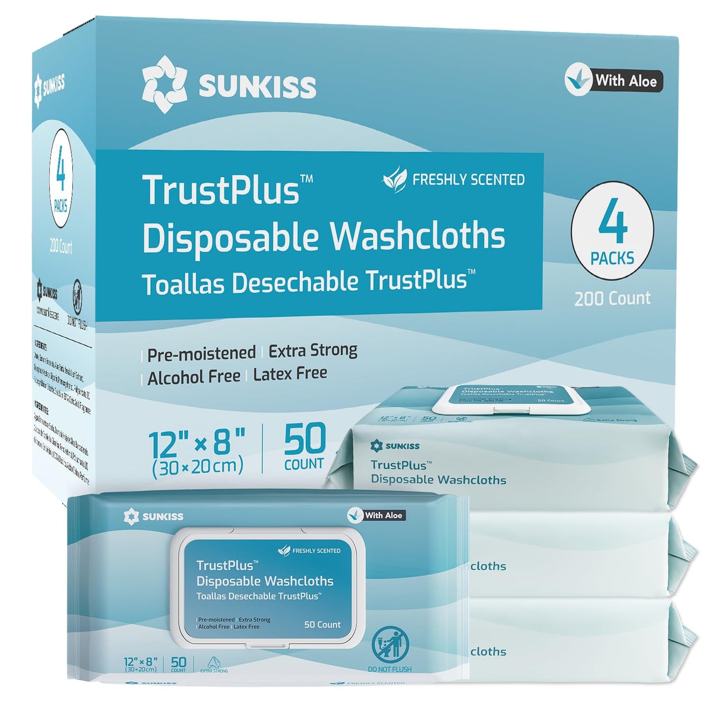 SUNKISS Trustplus Wet Wipes for Adult, Extra Thick 8”x12” Body Cleaning Wipes with Aloe for Elderly Incontinence & Cleansing, 200 Count (4 Packs of 50)