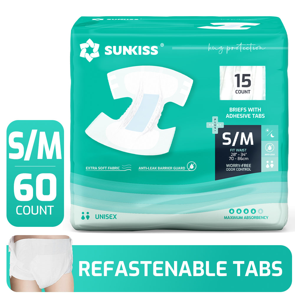 SUNKISS TrustPlus Inkontinenz Windeln für Erwachsene, Saugfähige Einweg-Unterwäsche für Männer und Frauen mit Tabs, Unisex, Größe S/M, 60 Stück
