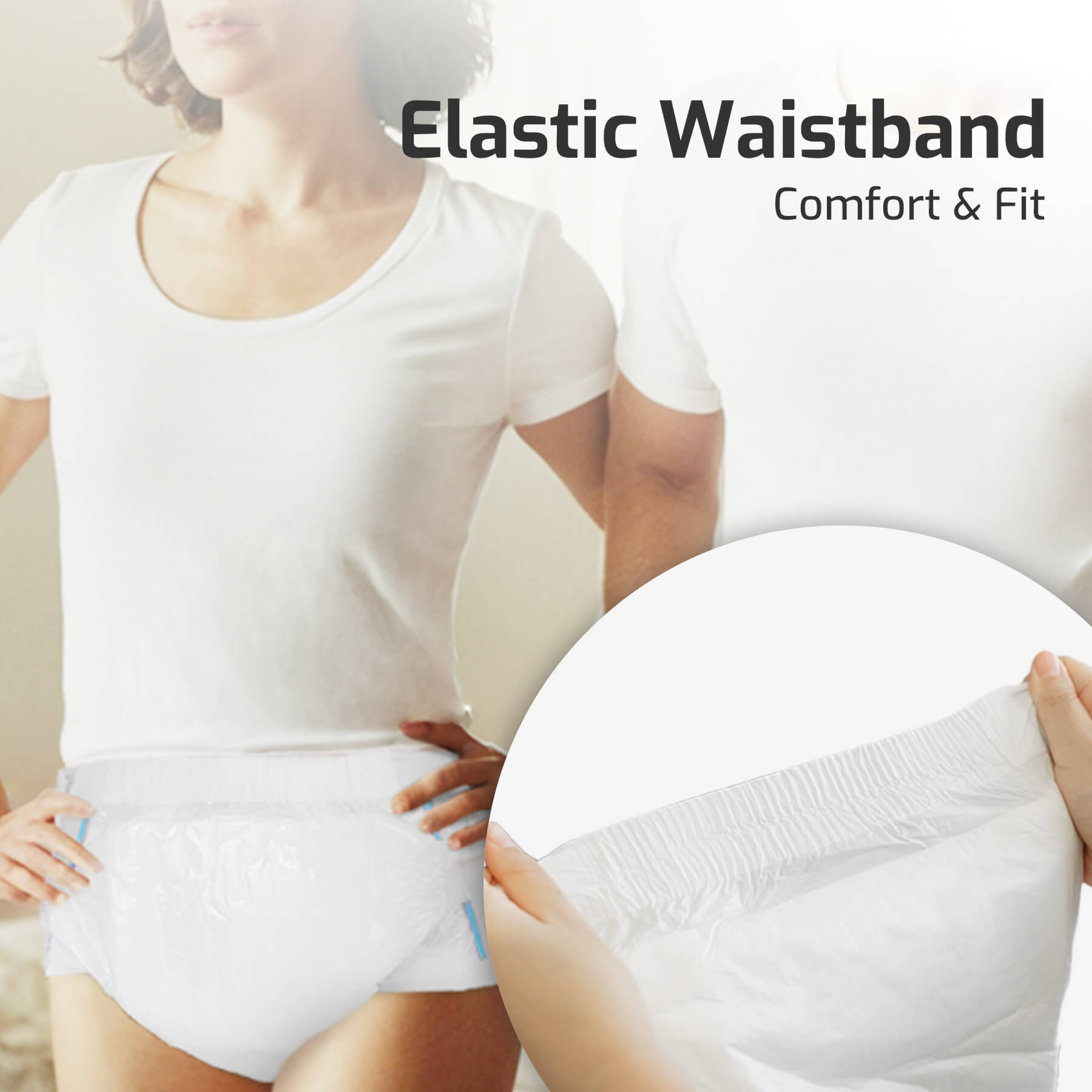 Elastic waistband design offers enhanced comfort and a snug fit, allowing adult diapers to move with the body while maintaining secure protection and flexibility.