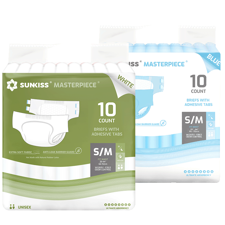 Blue and white SUNKISS Masterpiece adult diapers with tabs 2-pack #SIZE_BW10M
