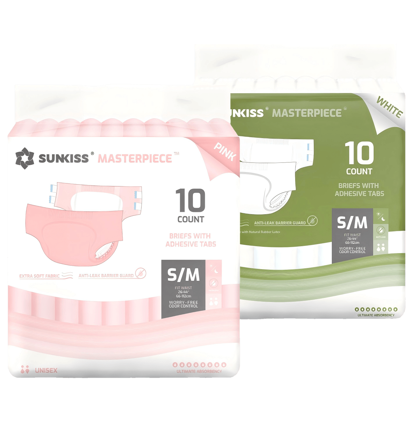 White and pink SUNKISS Masterpiece adult diapers with tabs 2-pack #SIZE_PW10M