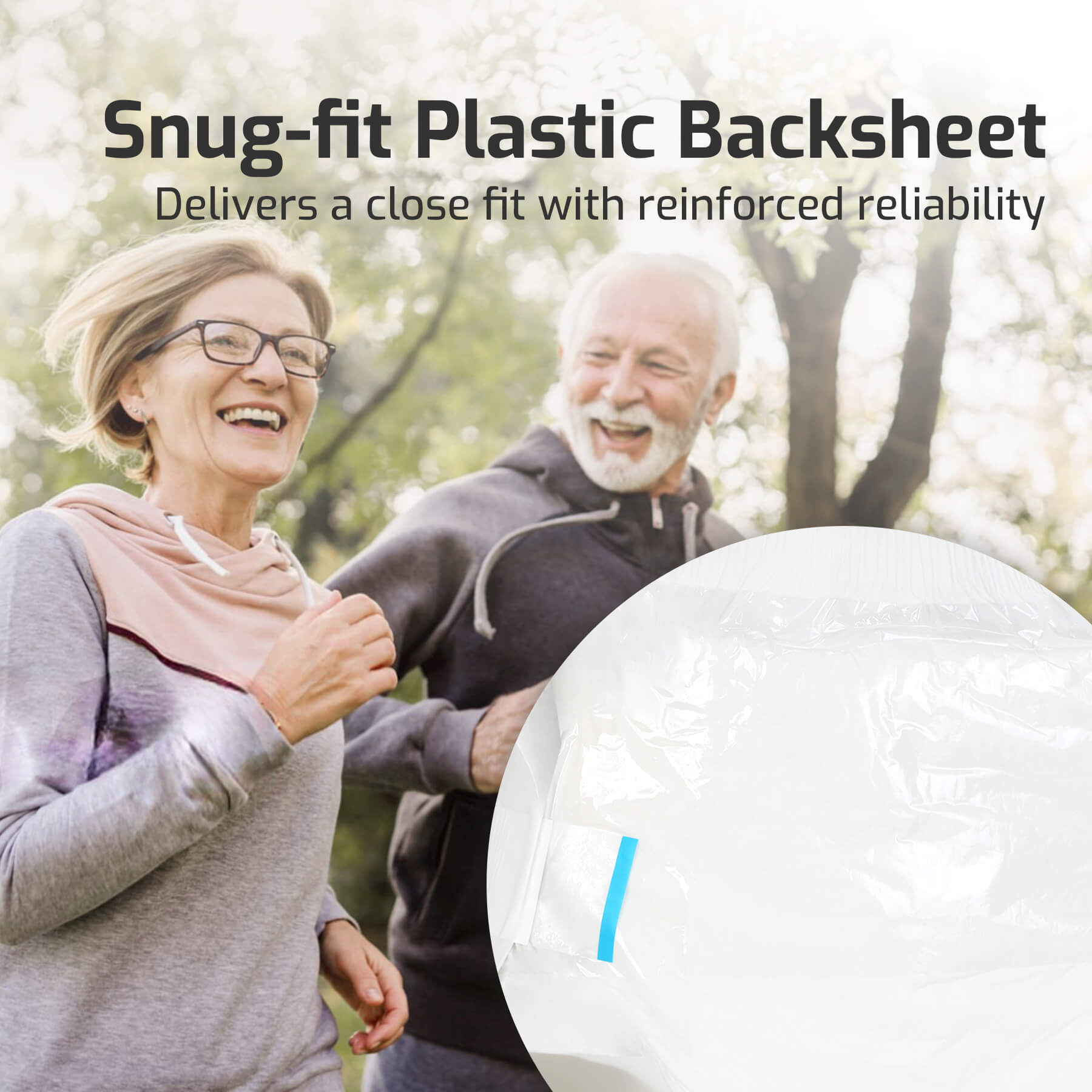 Snug-fit plastic backsheet provides a close and comfortable fit with reinforced reliability, ensuring adult diapers stay secure during daily wear and movement.