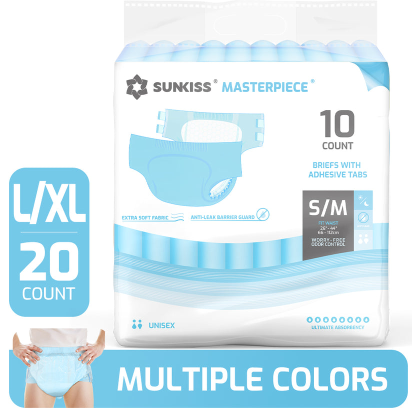 Sunkiss Masterpiece adult diapers in blue, size L/XL, offering reliable absorbency, comfortable fit, and effective leak protection for everyday use.