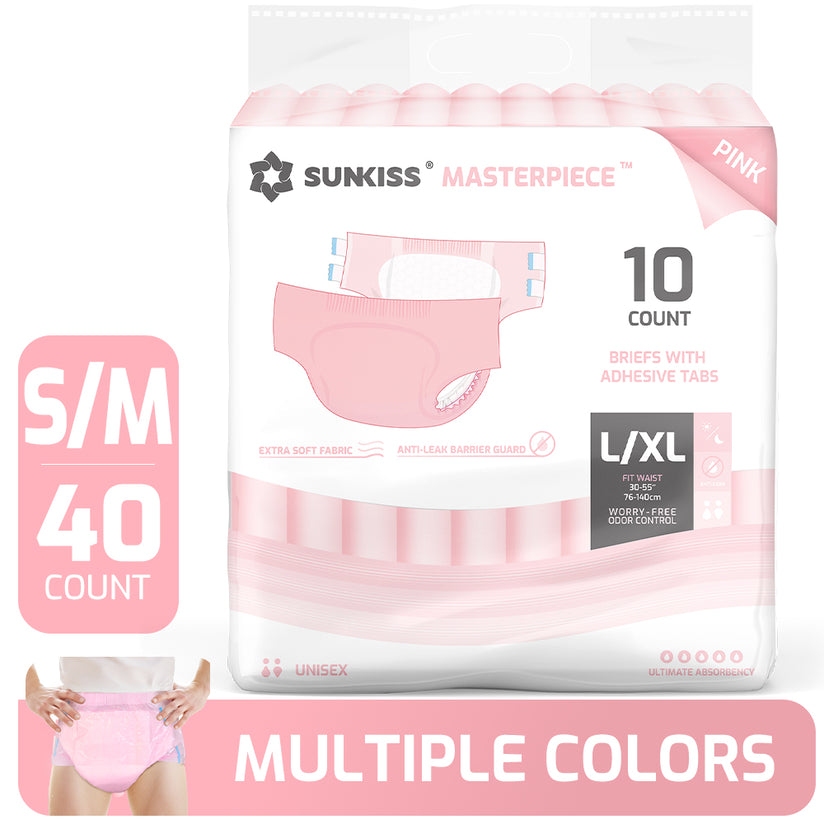 Sunkiss Masterpiece adult diapers in pink color, size small/medium, designed for ultimate comfort, absorbency, and reliable protection throughout the day.