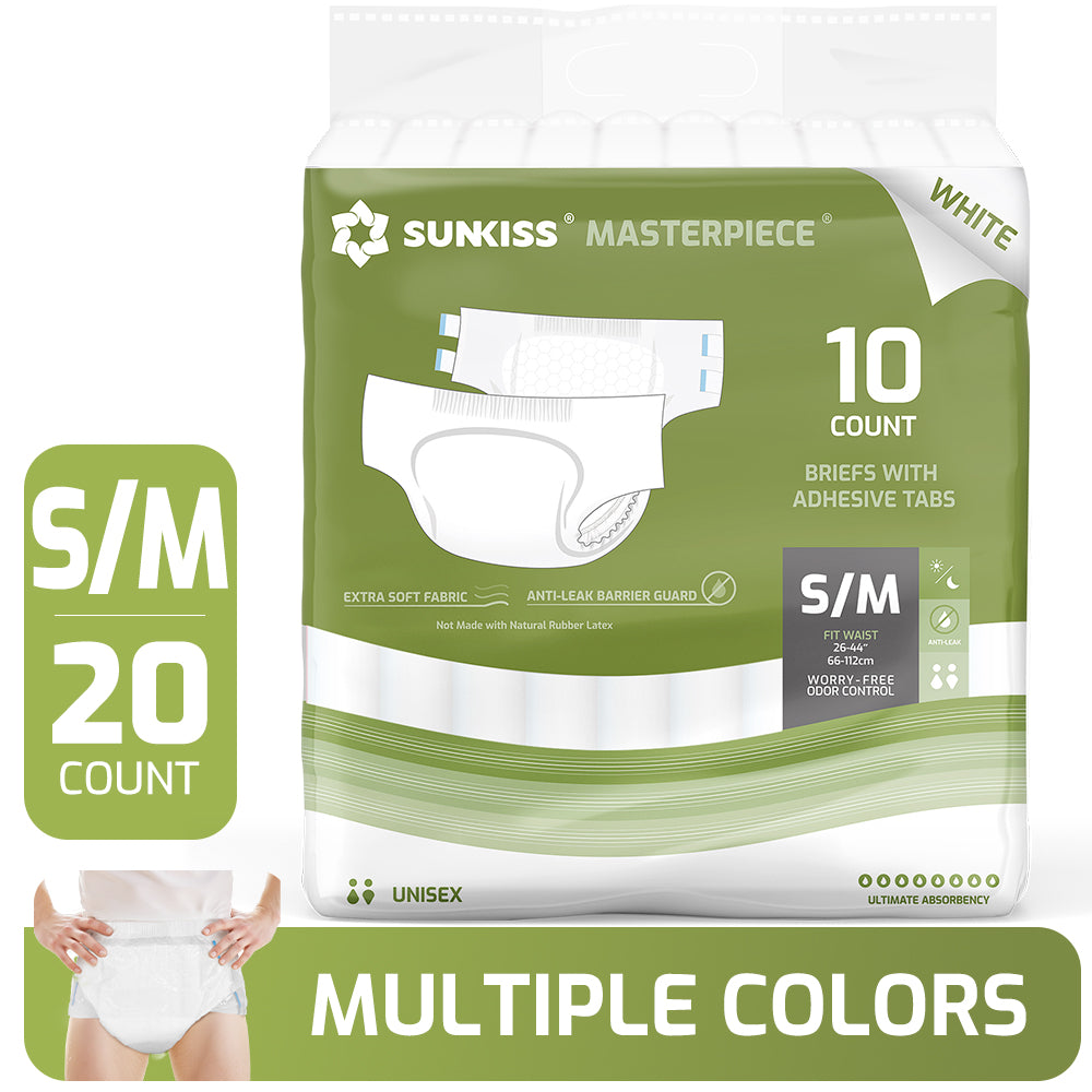 Sunkiss Masterpiece adult diapers in white, new S/M design, providing superior absorbency, comfort, and leak protection for daily use.
