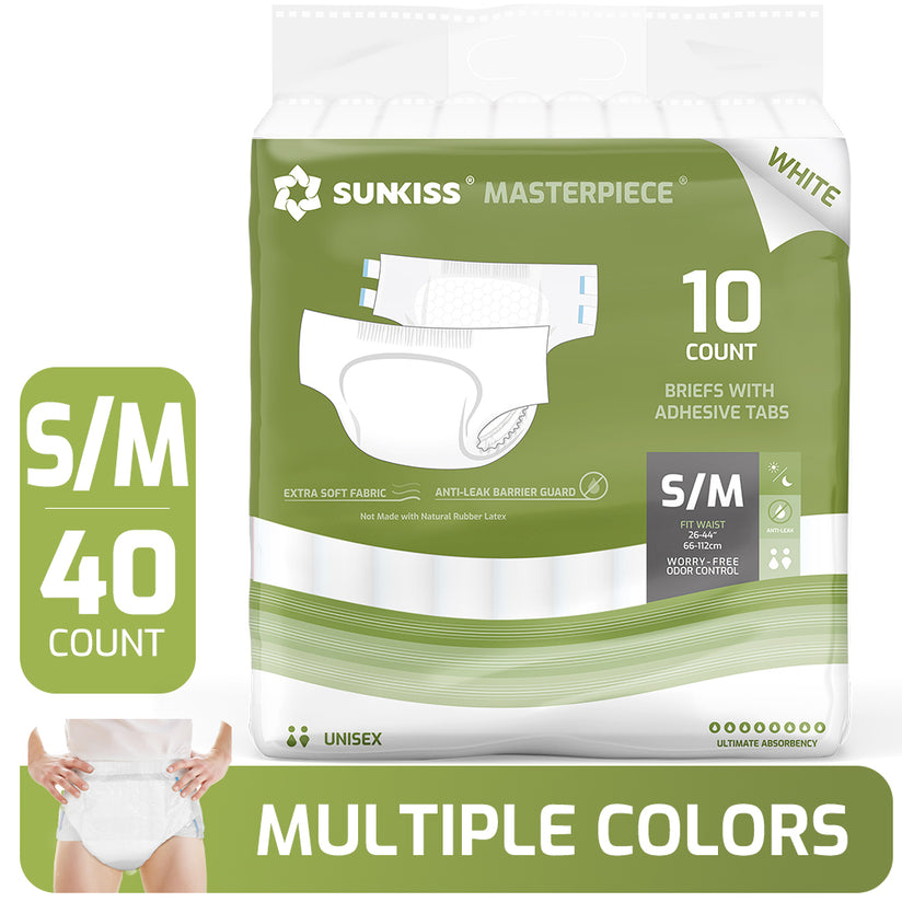 Sunkiss Masterpiece adult diapers in white, new S/M design, providing superior absorbency, comfort, and leak protection for daily use.